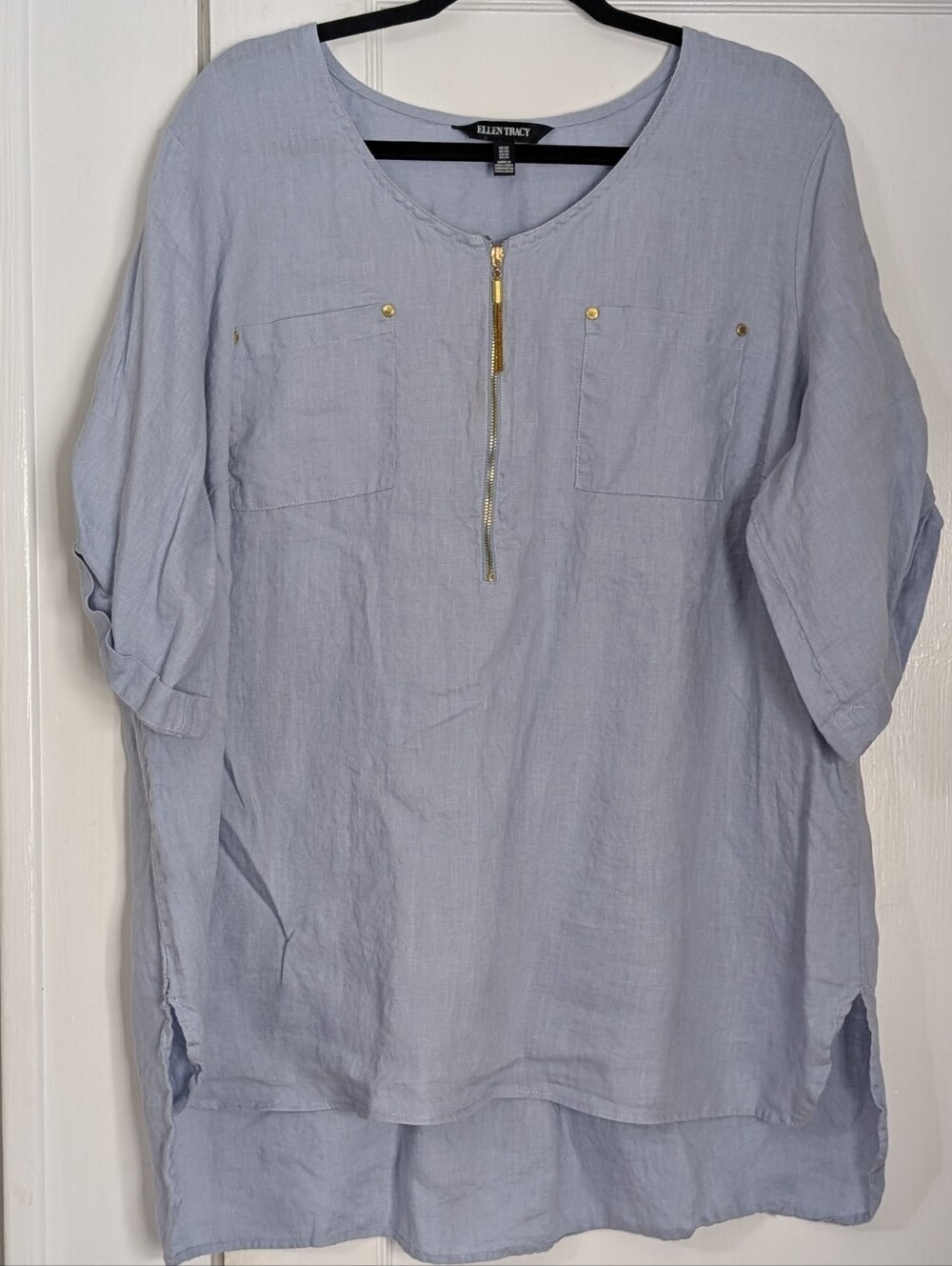 Ellen Tracy Linen Tunic Top Womens 2X Zip Neck, Roll Tab Sleeve Casual Baby Blue